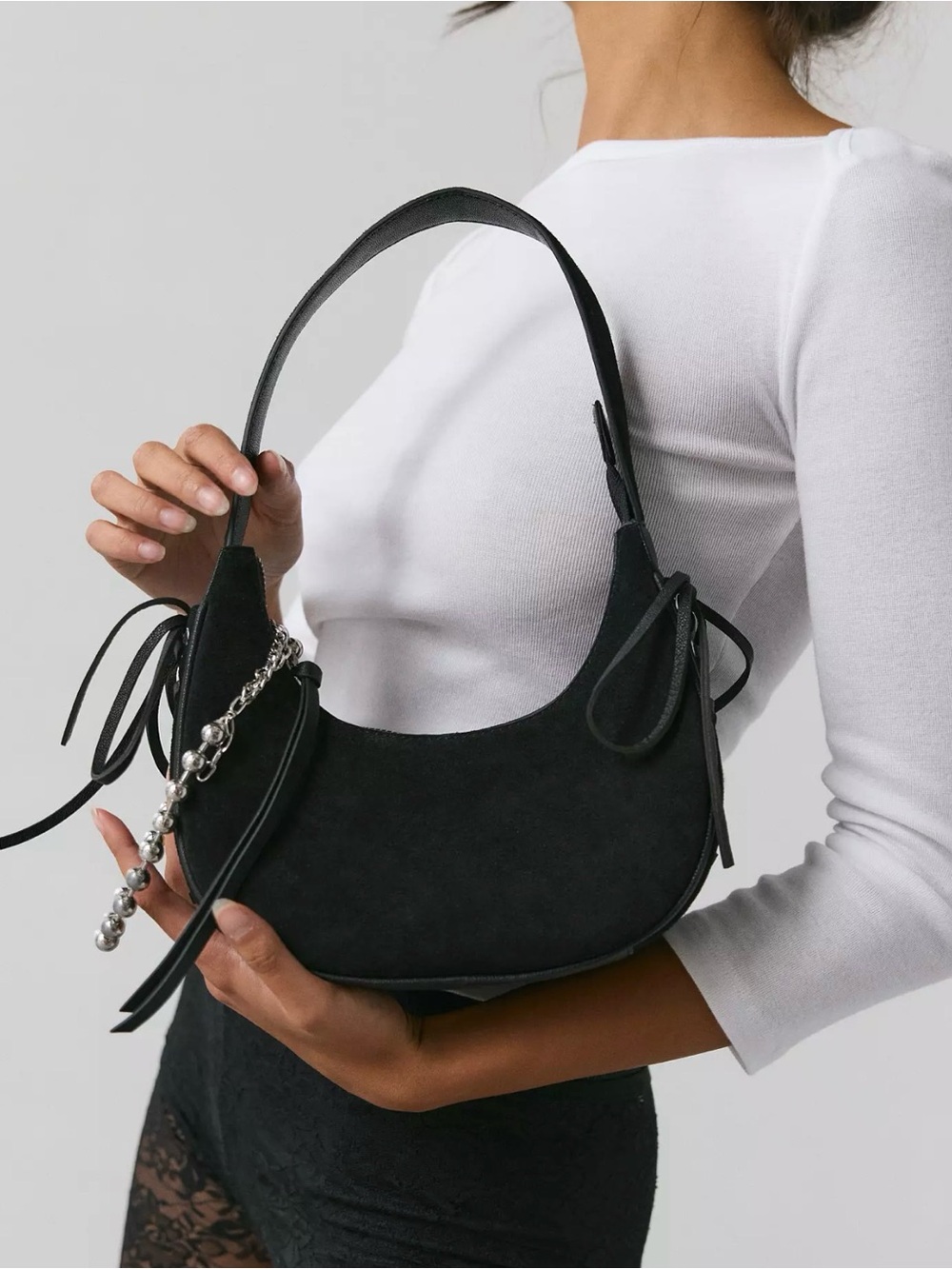 UO | Silence + Noise Laced Suede Crescent Bag (Olive)